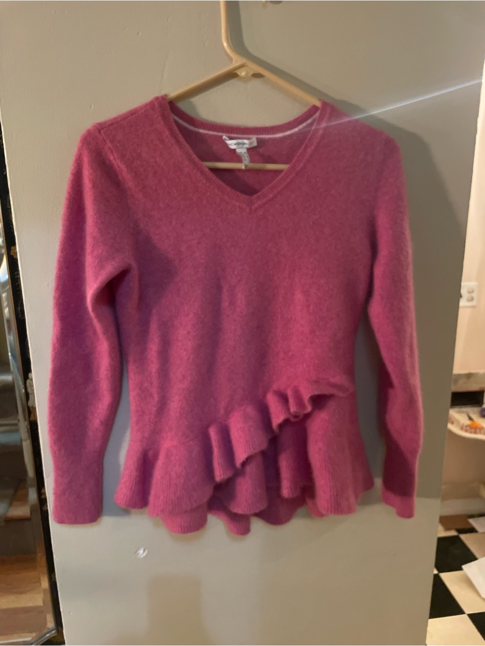 Isaac Mizrahi Live Pink Ruffle-Hem V-Neck Sweater